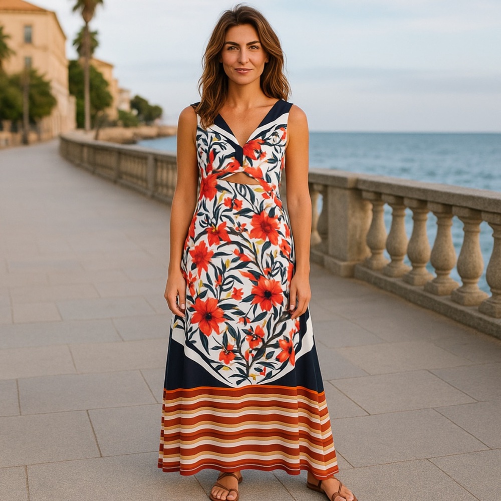Clover Canyon Red, Black, White Floral Sleeveless Stretch Cut-Out Maxi Dress S